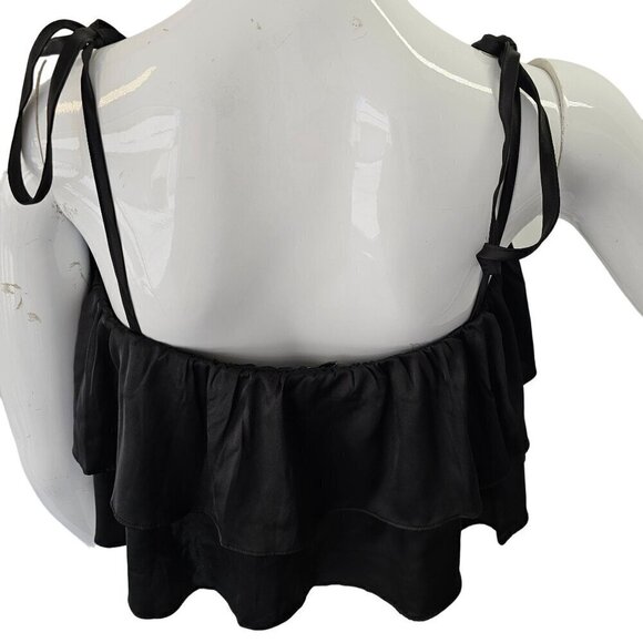 Camellia Black Layered Flounce Crop Top Womens L Tie Spaghetti Straps Polyester - Picture 7 of 9